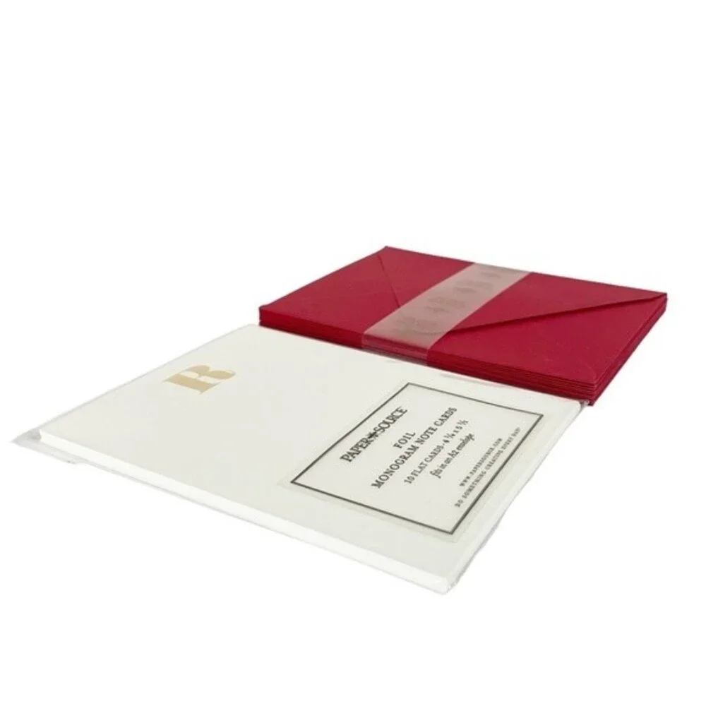 Monogram Notecard Set Gold Foil Print “R” White Card With Red Envelopes Set/10